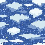 Seamless pattern of clouds and stars on dark blue sky