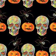 Seamless Halloween pattern with skulls spider and pumpkin N2