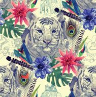 Vintage indian style tiger head pattern with feathers flowers and