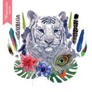 Vintage indian style tiger head illustration with feathers flowers and