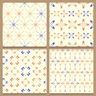 Set of four geometric seamless patterns with multicolored elemen