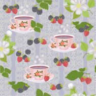 Appetizing a repeating pattern with cups Apple blossoms and berries