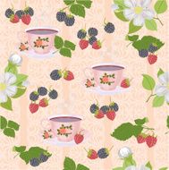 Appetizing a repeating pattern with cups Apple blossoms and berries N2