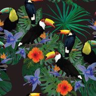 Seamless pattern with toucans and flowers Hand drawn vector N2