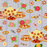 Seamless vector pattern with teapot cups berries and cake