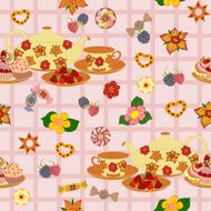 Seamless vector pattern with teapot cups berries and cake N3