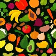 Bright tasty seamless pattern with banana mango papaya orange