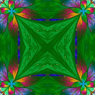 Symmetrical multicolored flower pattern in stained-glass window N2
