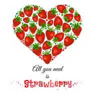 Vector watercolor heart with strewberries isolated on white background