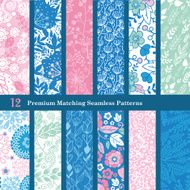Vector Pink Blue Floral Hand Drawn Flat 12 Set Seamless