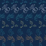 Vector Dark Blue Turkish Flowers Stripes Drawing Seamless Pattern