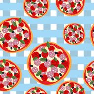 Pizza seamless pattern on a blue tablecloth Food background