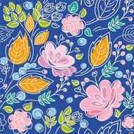 Seamless pattern blue background bright contour pink flowers orange leaves