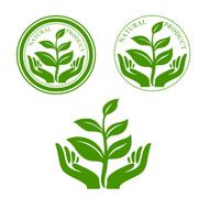 Natural product icon with hands and plant