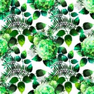 Green watercolor hydrangea vignette pattern