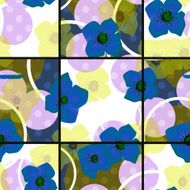 Seamless blue flowers pattern with circles square background