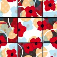 Seamless red flowers pattern with circles square background