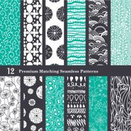 Vector Black Sea Foam Green 12 Set Seamless Patterns