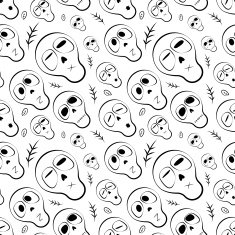 Seamless pattern black and white skulls with herbs