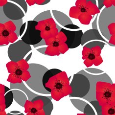 Seamless red flowers pattern with circles background N2