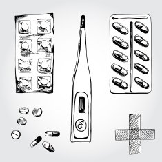 Medical set with different capsules and thermometer