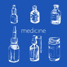 Hand drawn different medical bottles and spray