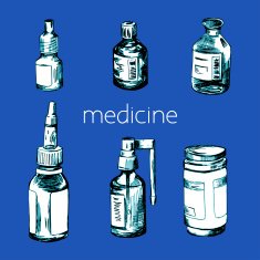 Hand drawn different medical bottles and spray N2