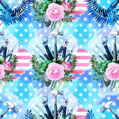 Watercolor Labor day pattern with tools and flowers N2