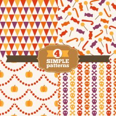 Set of Halloween seamless patterns (pumpkins skull sweets and triangles)