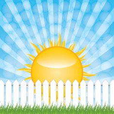 White fence and green grass on blue sky background