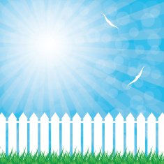 White fence and green grass on blue sky background N3