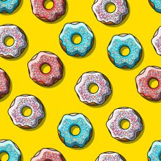 Seamless pattern of detailed donuts on yellow background N2