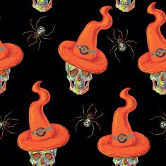 Seamless pattern with Halloween skulls hats and spider