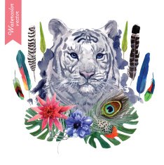 Vintage indian style tiger head illustration with feathers flowers and