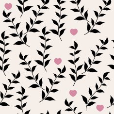 Black leaves and hearts Vector abstract floral seamless pattern