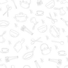 Kitchen utensils outline seamless pattern