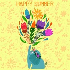 Funny summer card with elephant in flowers