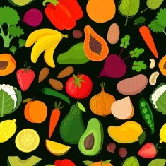 Bright tasty seamless pattern with banana mango papaya orange