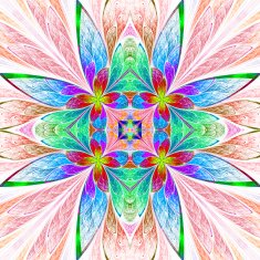 Symmetrical multicolored flower pattern in stained-glass window