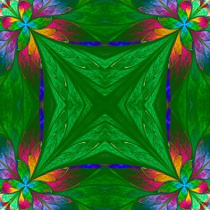 Symmetrical multicolored flower pattern in stained-glass window N2