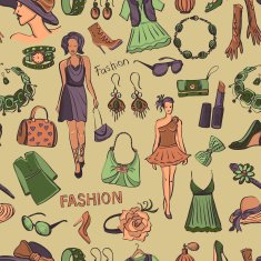 Hand drawn Seamless pattern with scratched beauty and fashion symbols N2