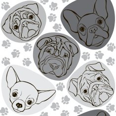 Vector seamless pattern with faces dogs and traces Monochrome background