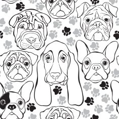 Vector seamless pattern with faces dogs and traces Monochrome background N2
