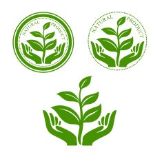 Natural product icon with hands and plant