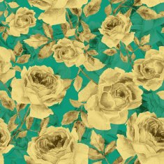 Seamless pattern of watercolor yellow roses on turquoise backgro
