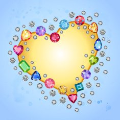 Colored gems heart shape frame isolated on light blue background