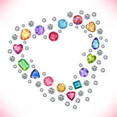 Colored gems heart shape frame isolated on light background N2