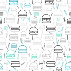 Seamless pattern colored burgers and fries on white background N2