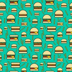 Seamless pattern of burgers and fries on turquoise background N2