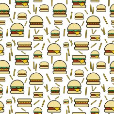 Seamless pattern of burgers and fries on white background N2